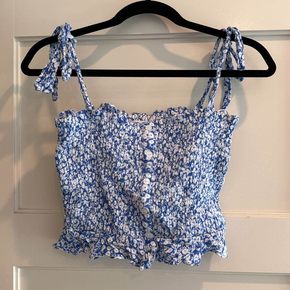 Lost + Wander blue and white floral smocked tie strap crop top
